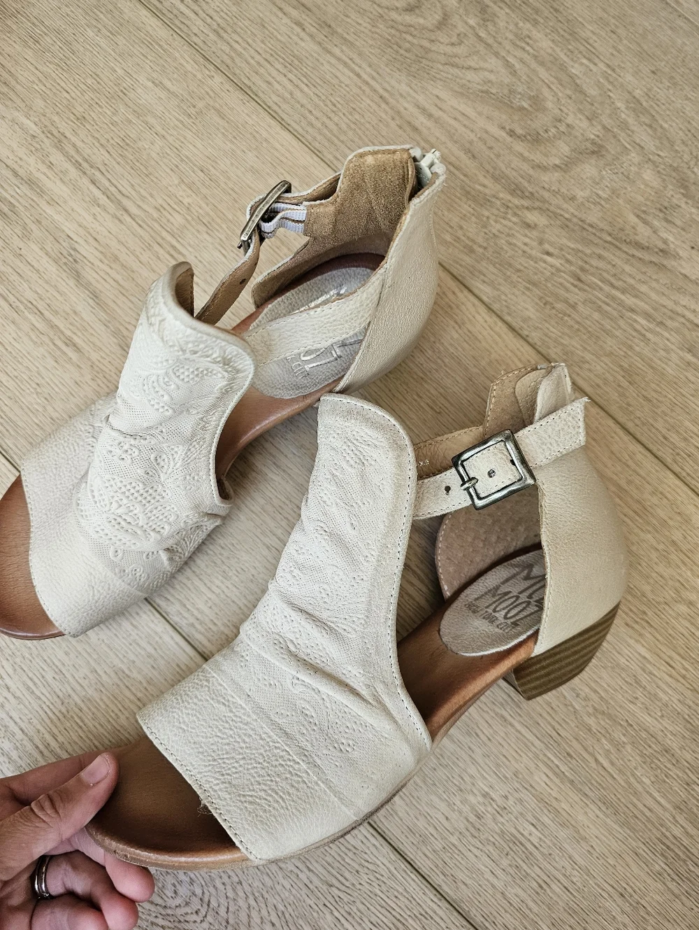 Miz Mooz Leather Heeled Sandals Open Toe Corra Linen Tooled Leather